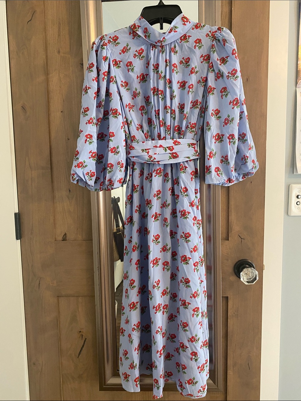 LK Bennett Light Blue Maxi Dress with Red Floral Print